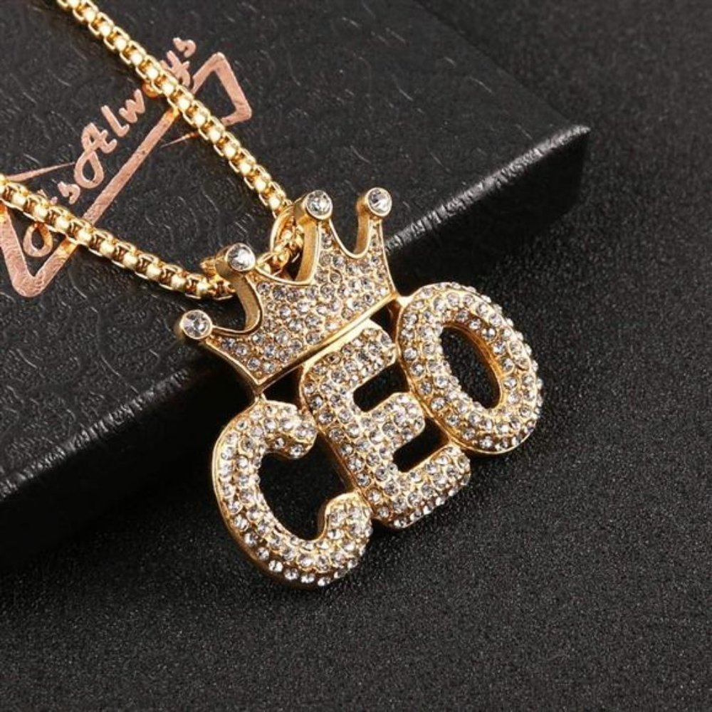 Men's CEO 18K Gold Fully Iced Out Pendant Chain Necklace